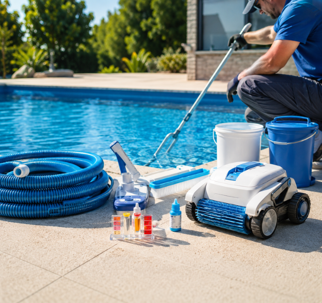 Acessórios e manutenção para piscina Acessórios de limpeza e manutenção para piscina, incluindo robô limpador, mangueira, escovas e kit de teste de água