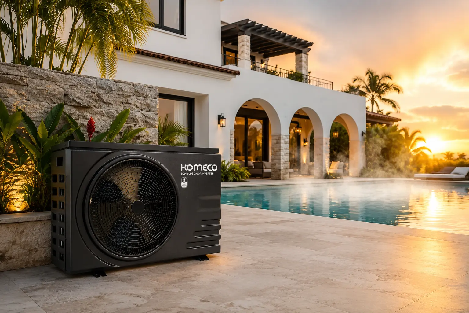 Bomba de Calor Komeco para Aquecimento de Piscina Bomba de calor Komeco para aquecimento de piscina instalada próxima à área externa