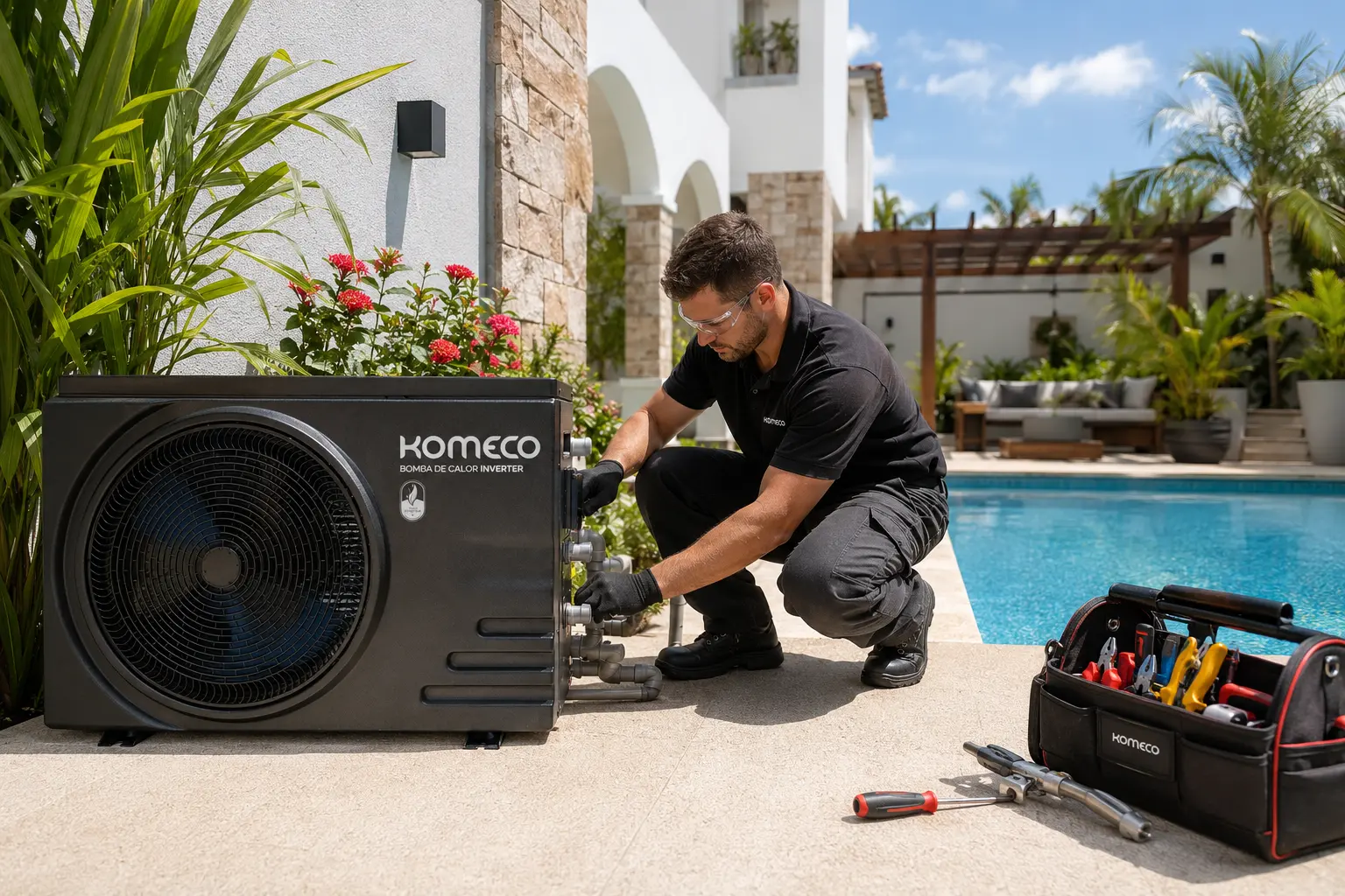 Instalação de Bomba de Calor Komeco para Piscina Técnico finalizando instalação de bomba de calor Komeco para aquecimento de piscina