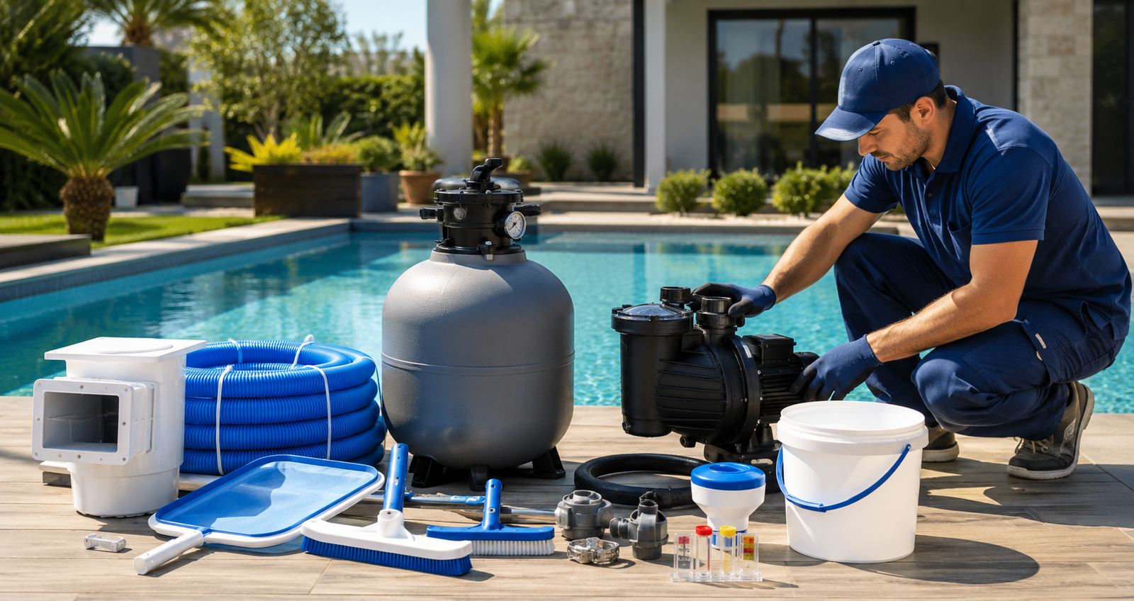 Técnico ao lado de equipamentos para piscina, incluindo bomba, filtro, mangueira e acessórios de manutenção em uma área residencial