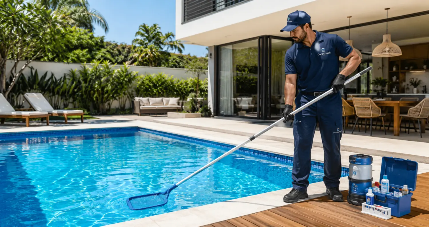 Técnico da ConecttaBR realizando limpeza e tratamento de piscina residencial em casa moderna