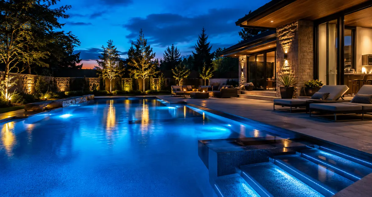 Piscina com iluminação profissional em LED destacando segurança, beleza e valorização da área de lazer