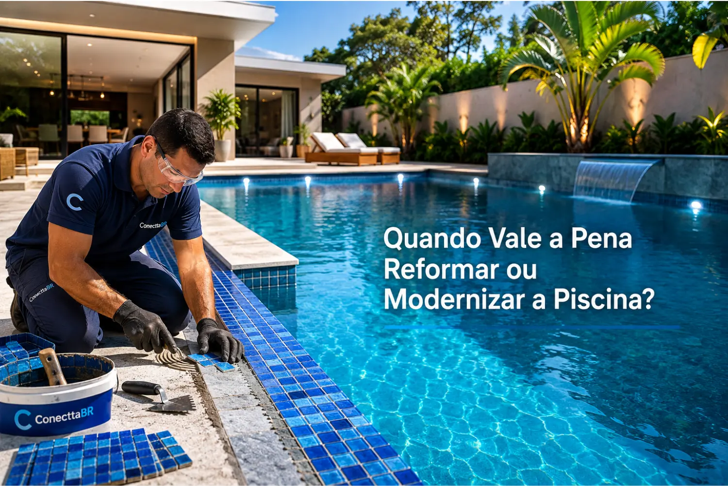 Técnico da ConecttaBR realizando reforma e modernização da borda de uma piscina residencial