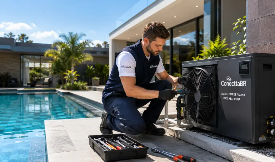 Técnico da ConecttaBR instalando sistema de aquecimento para piscina residencial de luxo