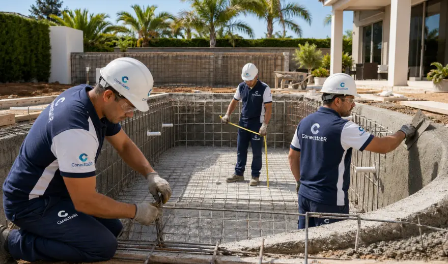 Equipe da ConecttaBR trabalhando na construção da estrutura de uma piscina residencial em Campinas