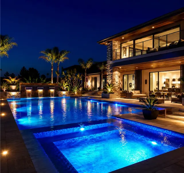 Iluminação Profissional para Piscina – ConecttaBR Piscina residencial de luxo com iluminação profissional noturna em área externa sofisticada