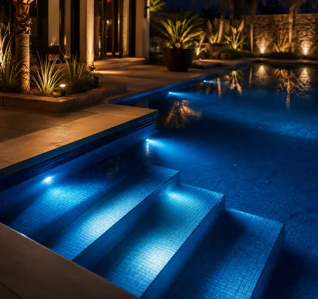 Iluminação LED para Piscina – ConecttaBR Piscina de luxo com iluminação LED nas escadas, bordas e área externa durante a noite