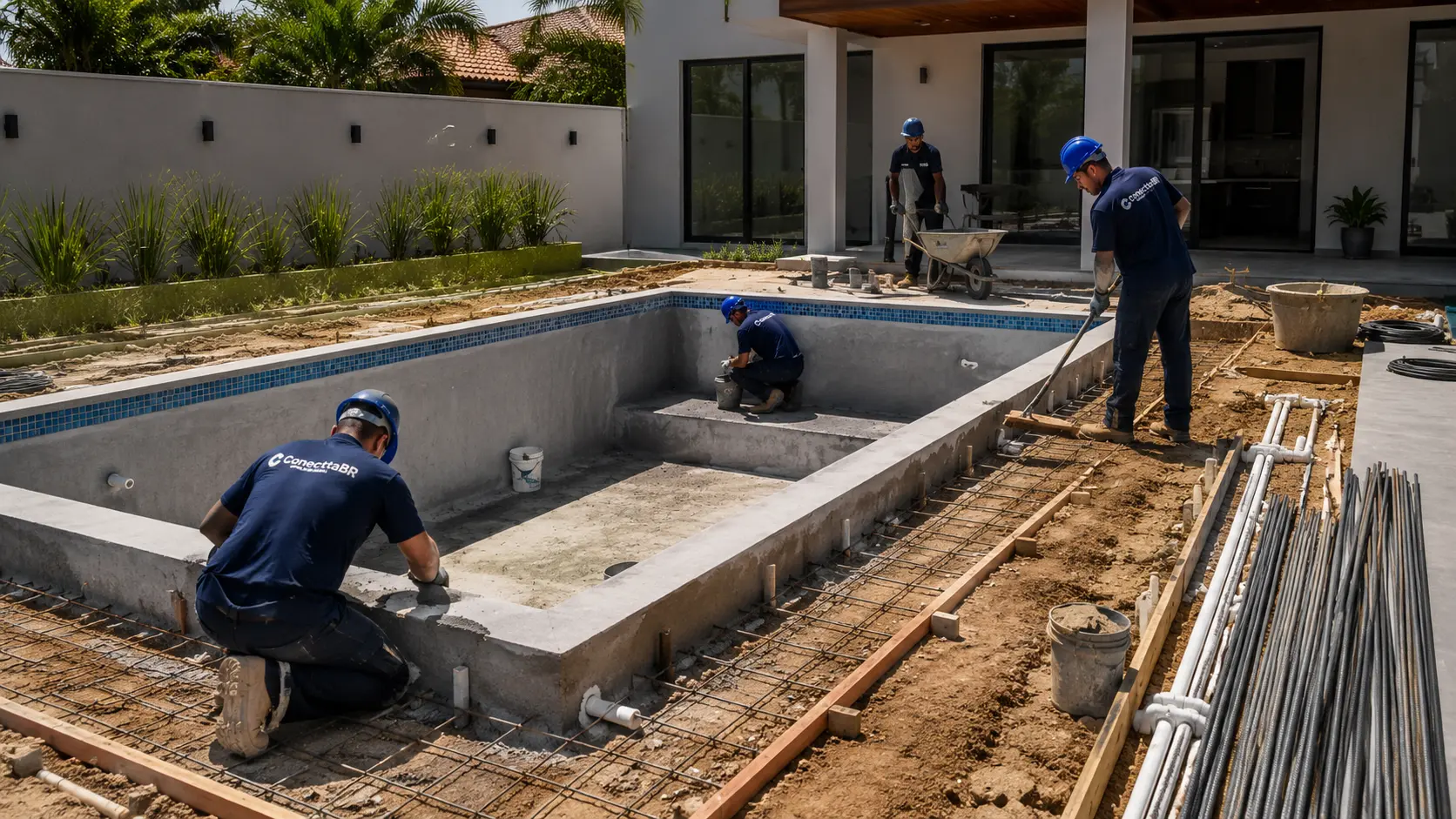 Construção de piscina residencial em Campinasem-campinas-conecttabr Equipe da ConecttaBR com EPIs trabalhando na construção de piscina residencial em Campinas