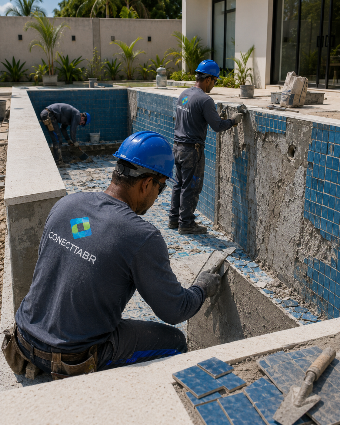Equipe da ConecttaBR realizando correção estrutural e troca de revestimento de piscina em Campinas