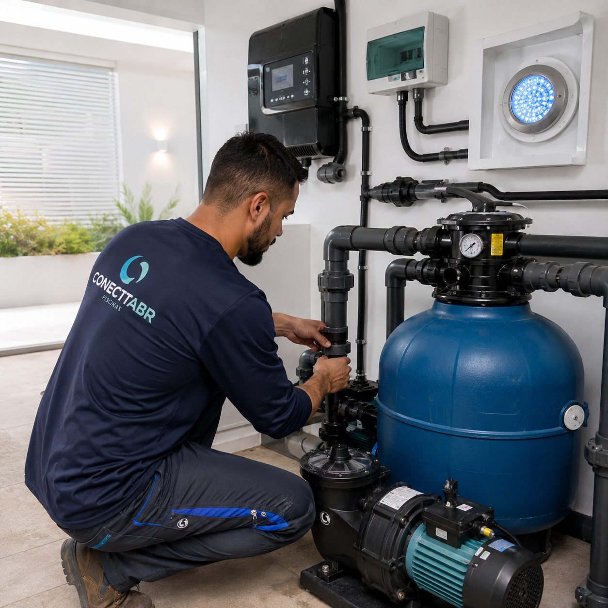 Técnico da ConecttaBR ajustando sistema de filtragem de piscina em Campinas