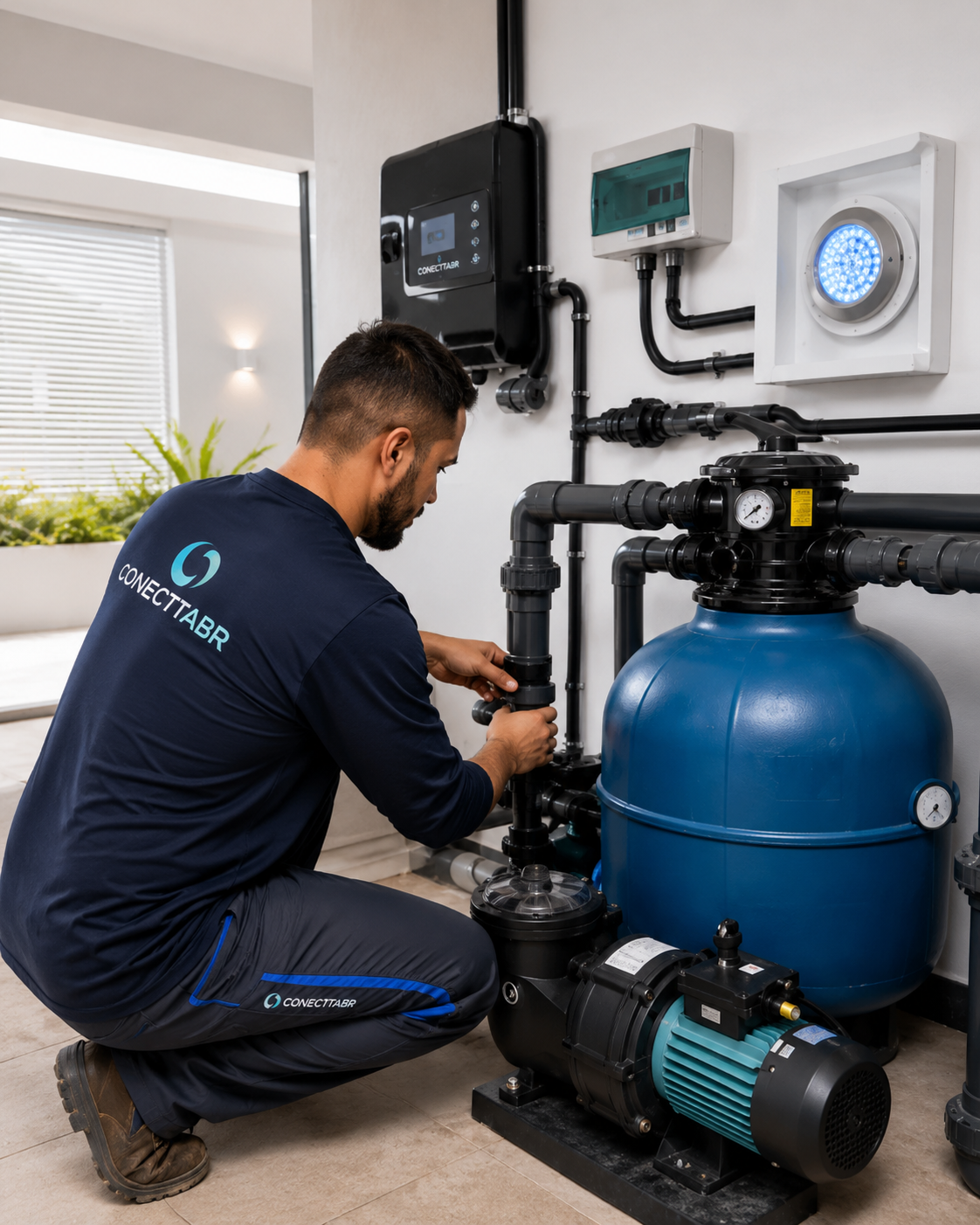 Técnico da ConecttaBR ajustando equipamentos de piscina em Campinas com filtro, bomba e iluminação