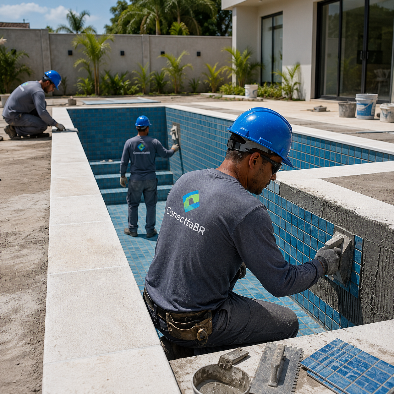Equipe da ConecttaBR realizando acabamento e revestimento de piscina em Campinas