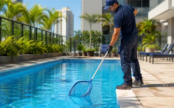 Técnico realizando limpeza de piscina em Campinas com água limpa e área de lazer bem cuidada