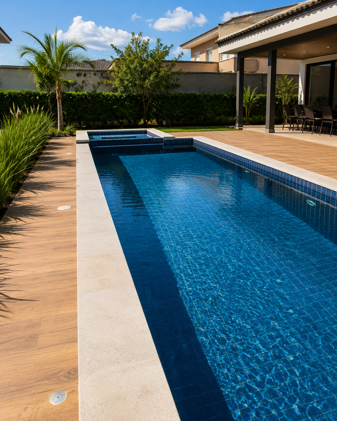 Piscina residencial reformada com revestimento moderno, deck e área de lazer em Campinas