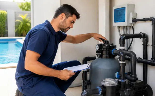 Técnico revisando equipamentos de piscina em Campinas com bomba, filtro e sistema hidráulico