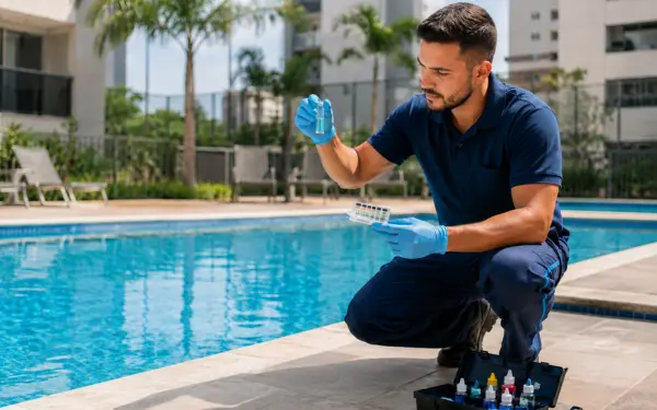 Técnico analisando a água da piscina em Campinas com kit de tratamento e controle de qualidade